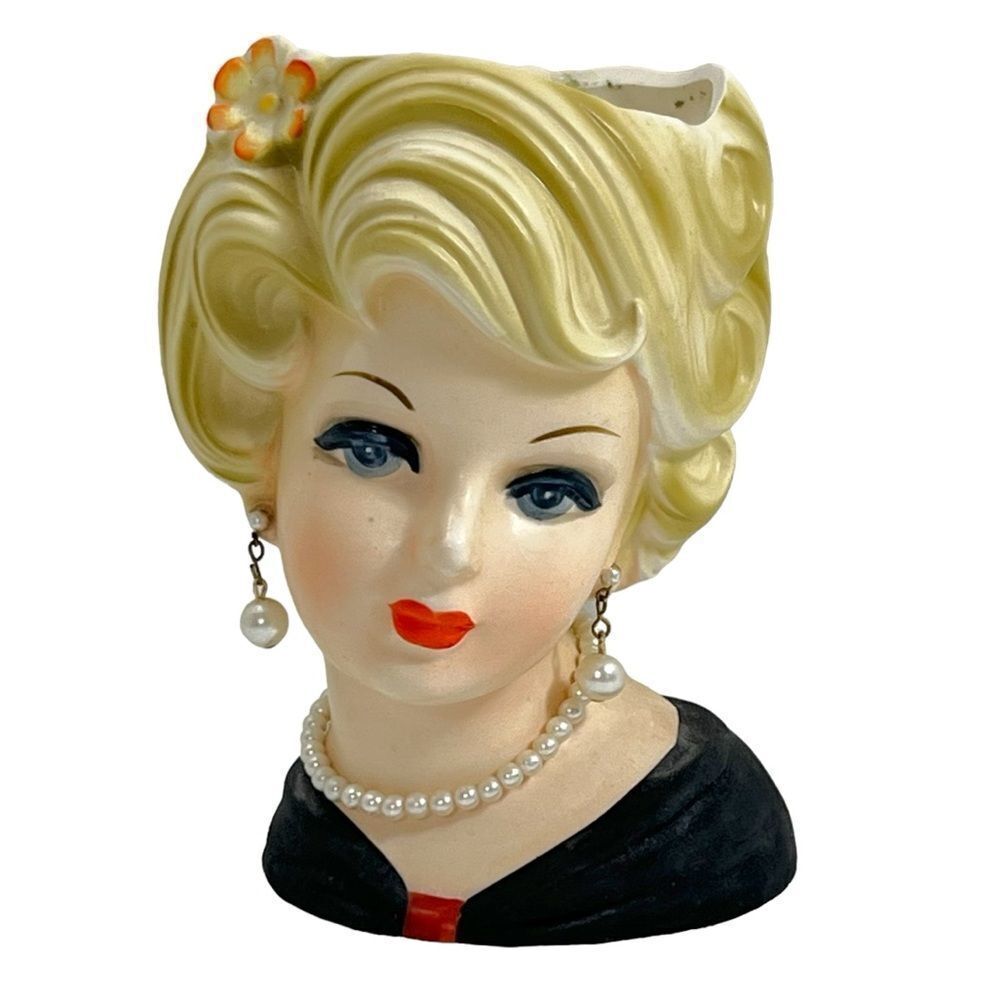 Vintage Inarco Head Vase Blonde Pearl Earrings Necklace E5622